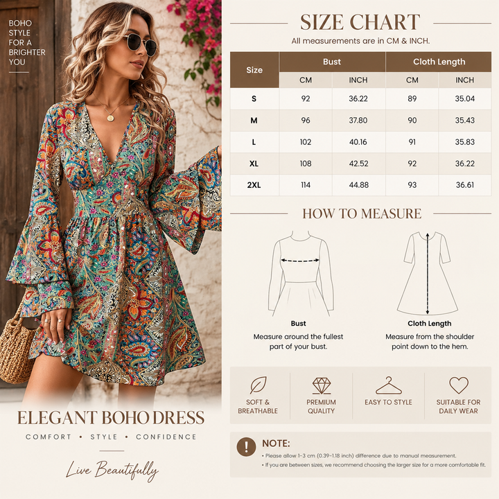 VISSONG Women’s Mosaic Paisley V-Neck Bell-Sleeve Mini Dress