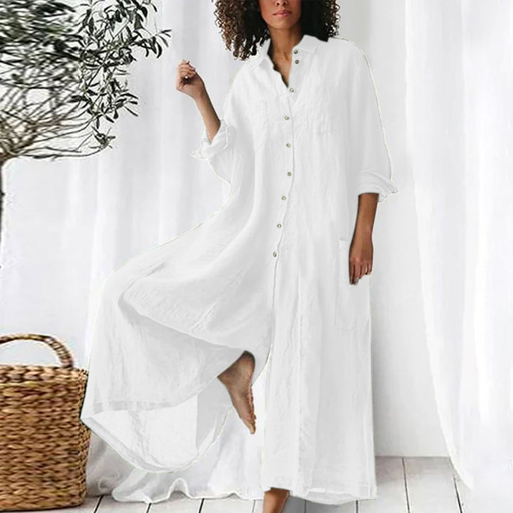 Women’s Cotton-Linen Button-Front Pocket Maxi Shirt Dress