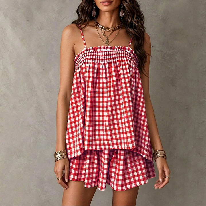 VISSONG Women’s Gingham Smocked Ruffle Camisole