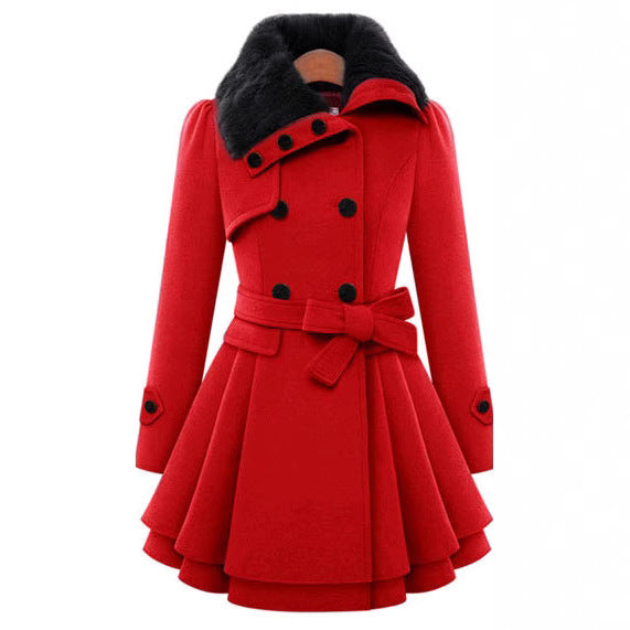 VISSONG Women’s Plush-Collar Bow-Waist Fit-and-Flare Coat