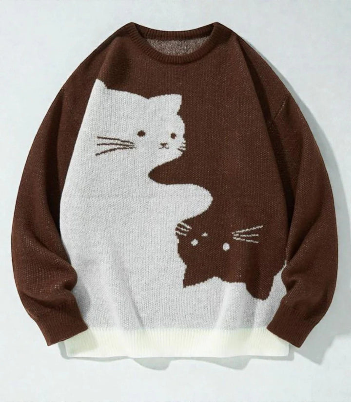 VISSONG Women’s Two-Cat Colorblock Crewneck Knit Sweater