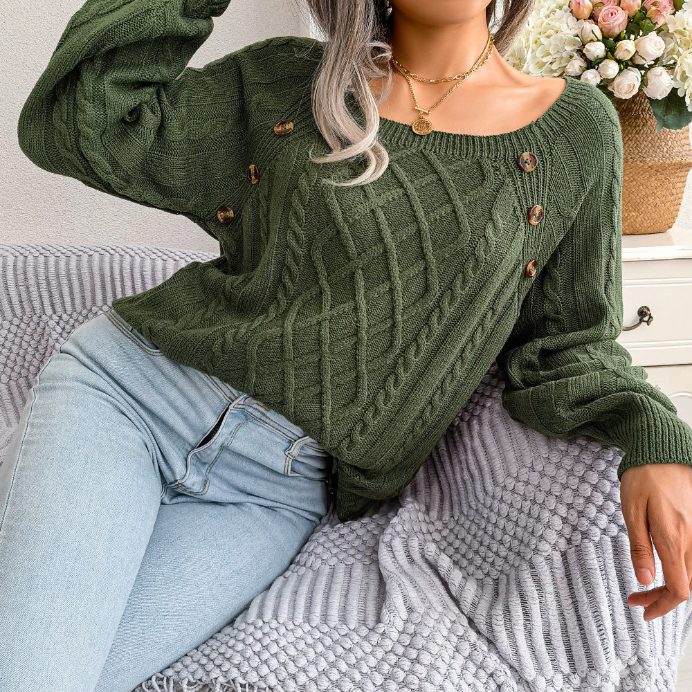 VISSONG Women’s Button-Trim Diamond Cable Knit Sweater