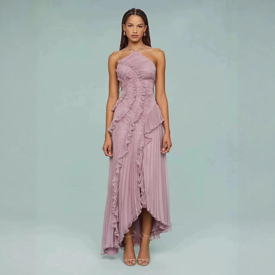 Women’s Pleated Halter Ruffle Maxi Dress