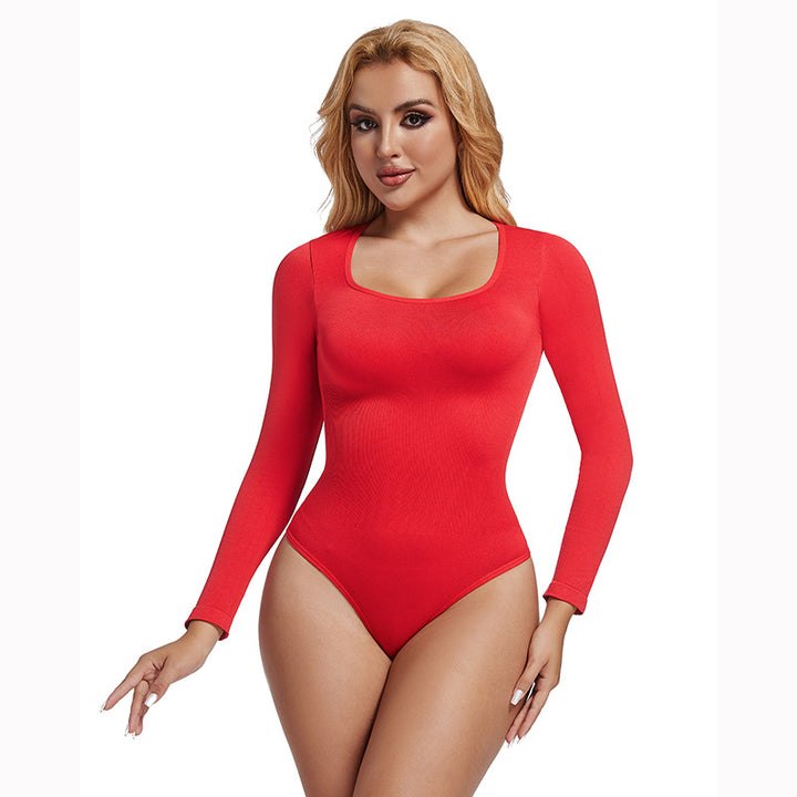 VISSONG Women’s Square-Neck Long-Sleeve Fitted Bodysuit