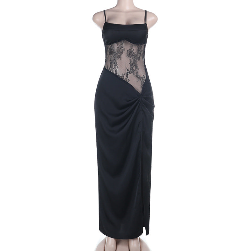Women's Lace Mesh Slit Maxi Dress