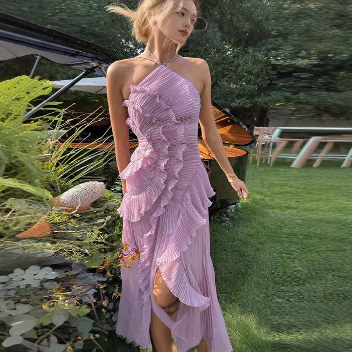Women’s Pleated Halter Ruffle Maxi Dress