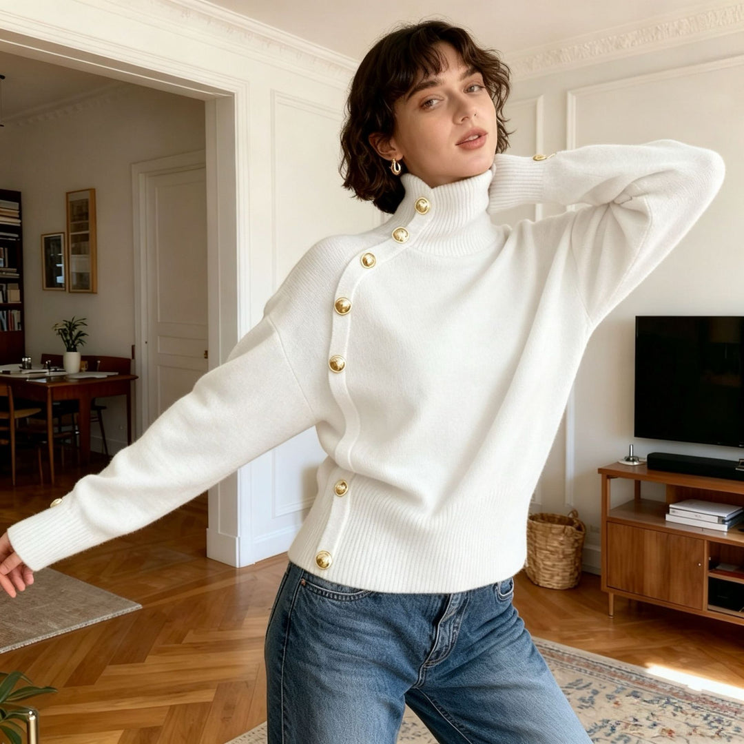 VISSONG Women’s Asymmetric Gold-Button Turtleneck Sweater