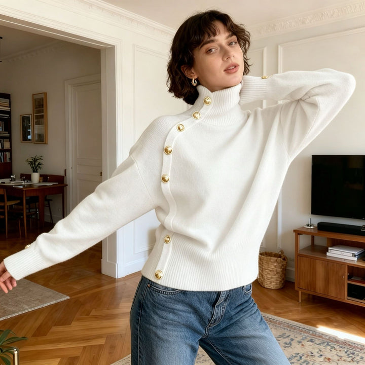 VISSONG Women’s Asymmetric Gold-Button Turtleneck Sweater