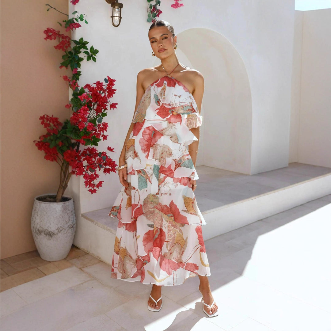 VISSONG Women’s Cascading Ruffle Halter Asymmetrical Maxi Dress