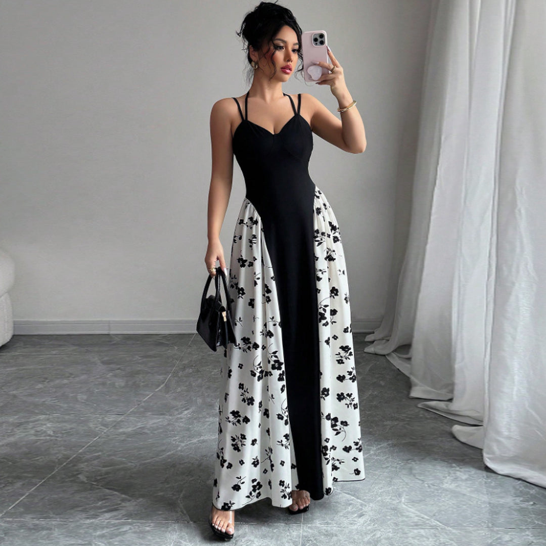 Women’s Sweetheart Contrast Floral-Panel Maxi Dress