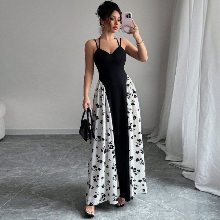 Women’s Sweetheart Contrast Floral-Panel Maxi Dress