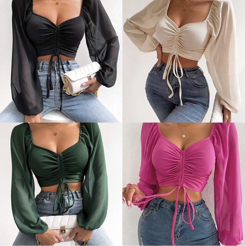 Soft Sheer Puff Sleeve Ruched Crop Top
