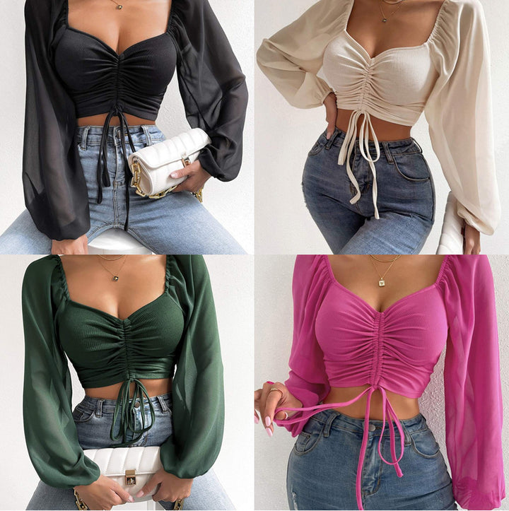 Soft Sheer Puff Sleeve Ruched Crop Top