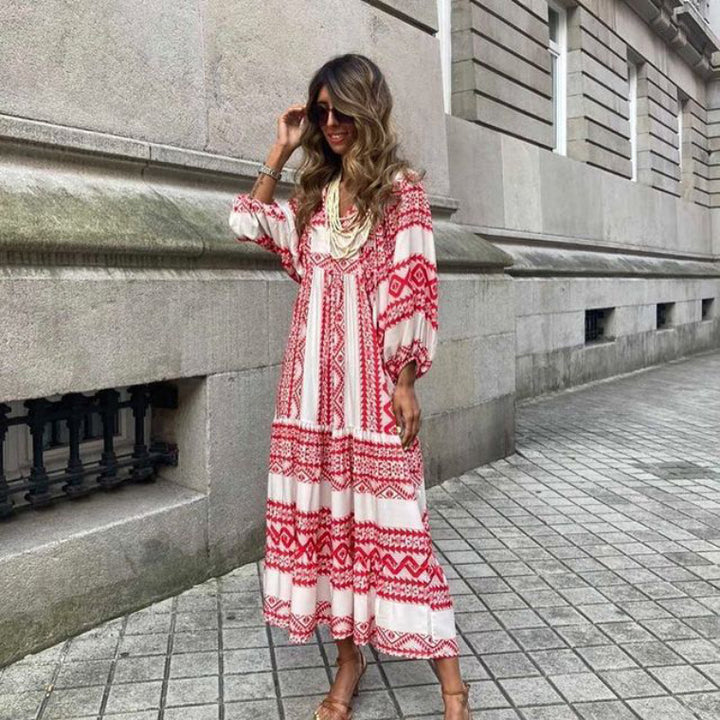 VISSONG Women’s Boho Print Balloon-Sleeve Tiered Maxi Dress