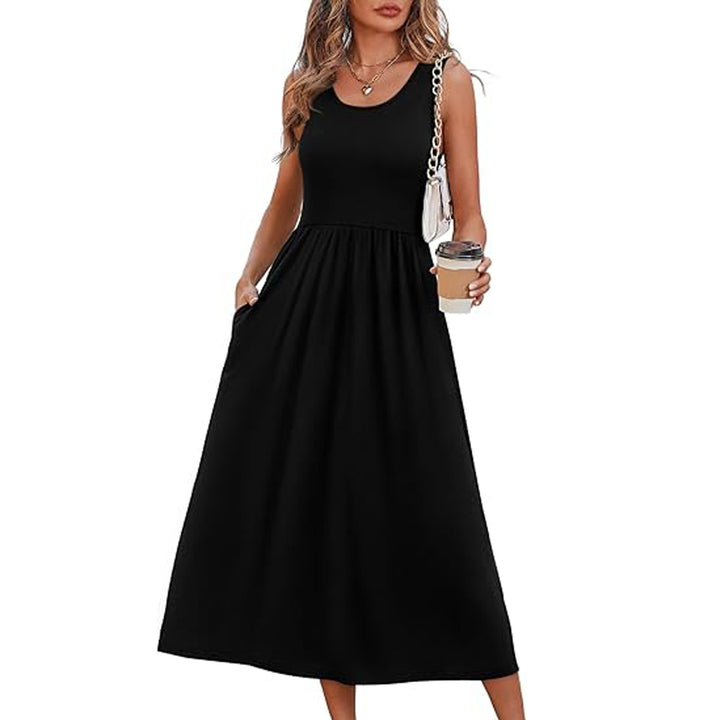 VISSONG Women’s Sleeveless Gathered-Waist Pocket Midi Dress