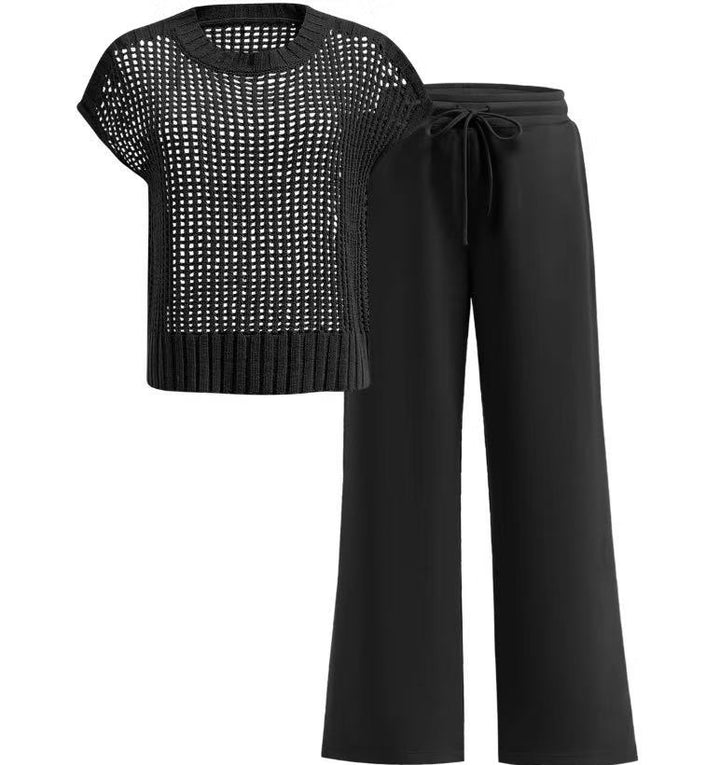 VISSONG Women’s Open-Knit Top Drawstring Wide-Leg Pants Set