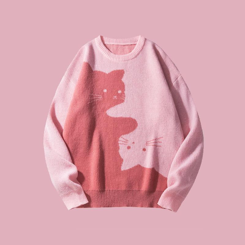 VISSONG Women’s Two-Cat Colorblock Crewneck Knit Sweater
