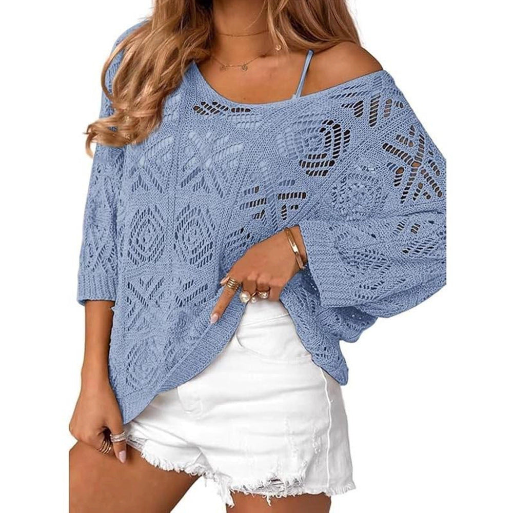 VISSONG Women’s Geometric Pointelle Wide-Neck Knit Top