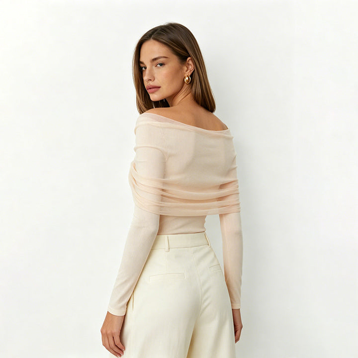 VISSONG Ruched Off-Shoulder Mesh Overlay Top