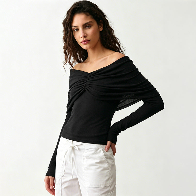 VISSONG Ruched Off-Shoulder Mesh Overlay Top