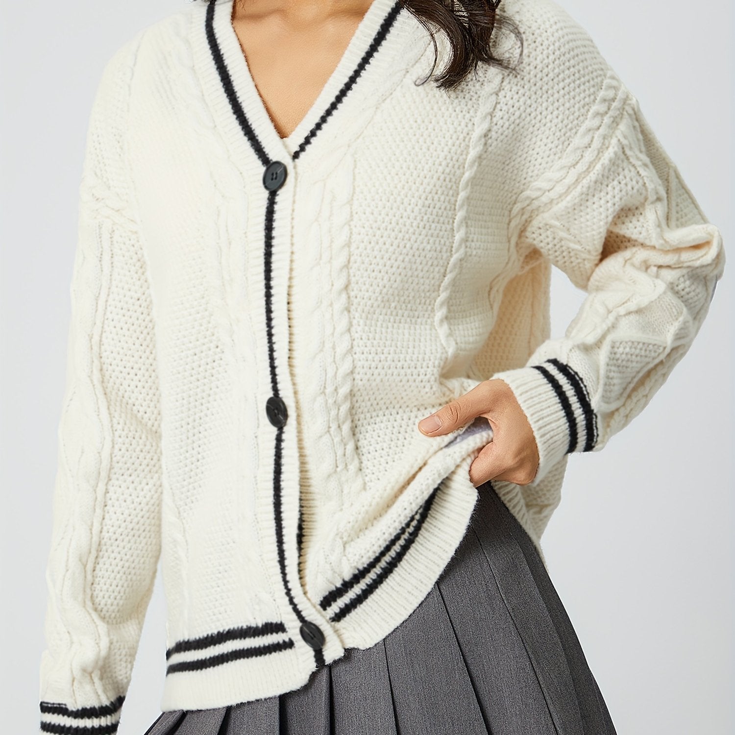 Star-Accent Cable Knit Varsity Cardigan