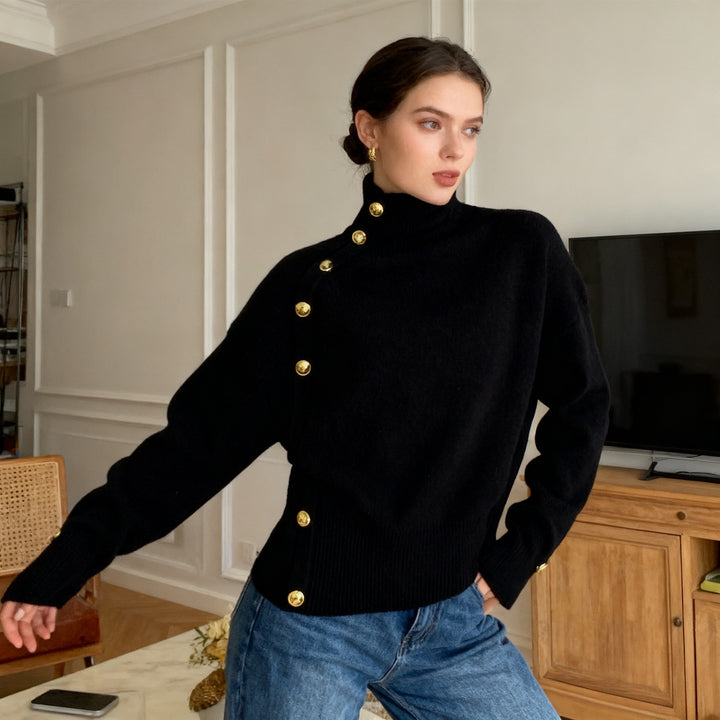 VISSONG Women’s Asymmetric Gold-Button Turtleneck Sweater