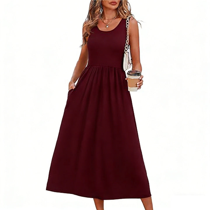 VISSONG Women’s Sleeveless Gathered-Waist Pocket Midi Dress