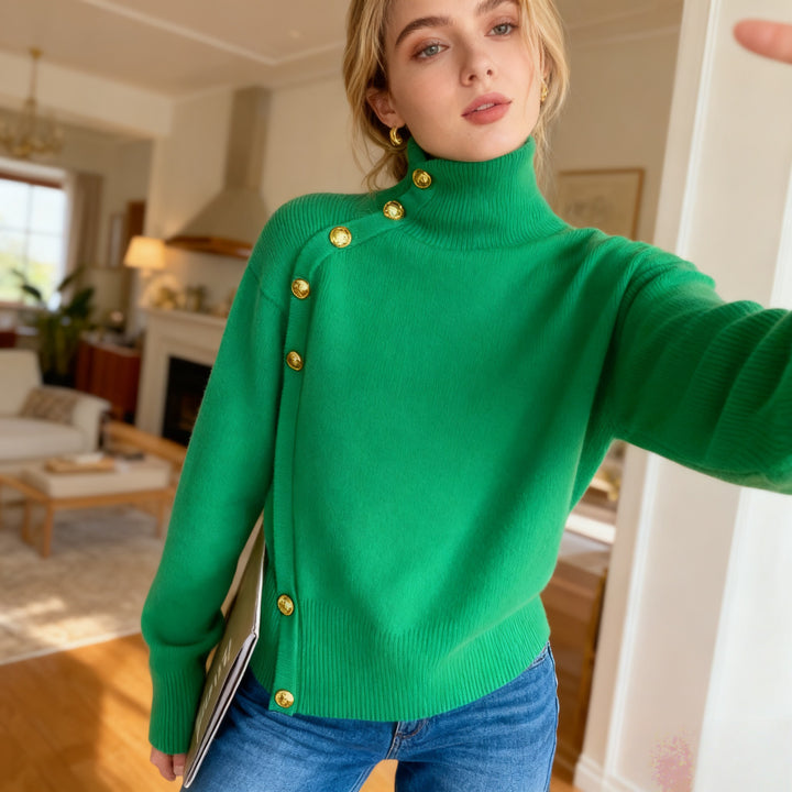 VISSONG Women’s Asymmetric Gold-Button Turtleneck Sweater
