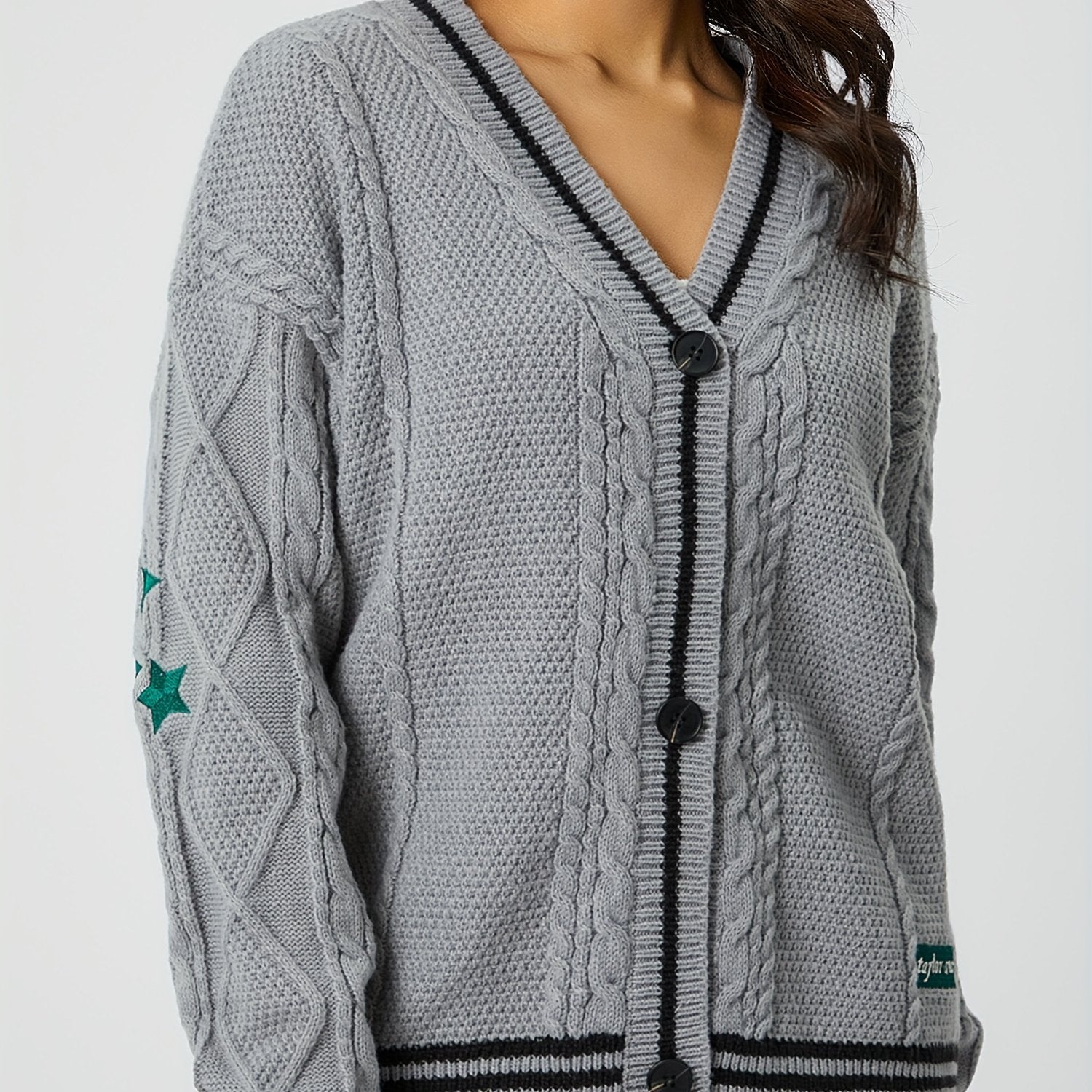 Star-Accent Cable Knit Varsity Cardigan