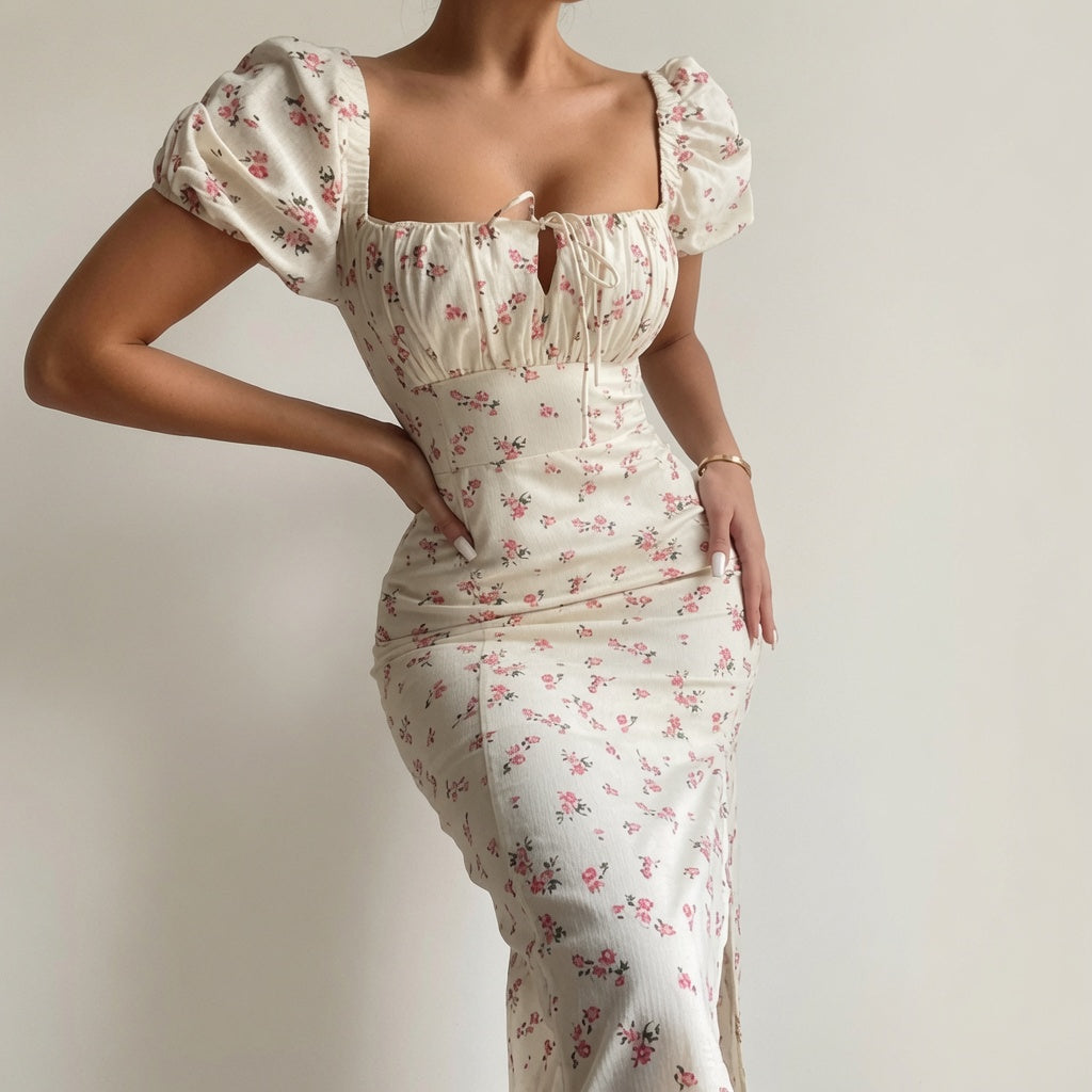 Romantic Floral Puff-Sleeve Midi Dress