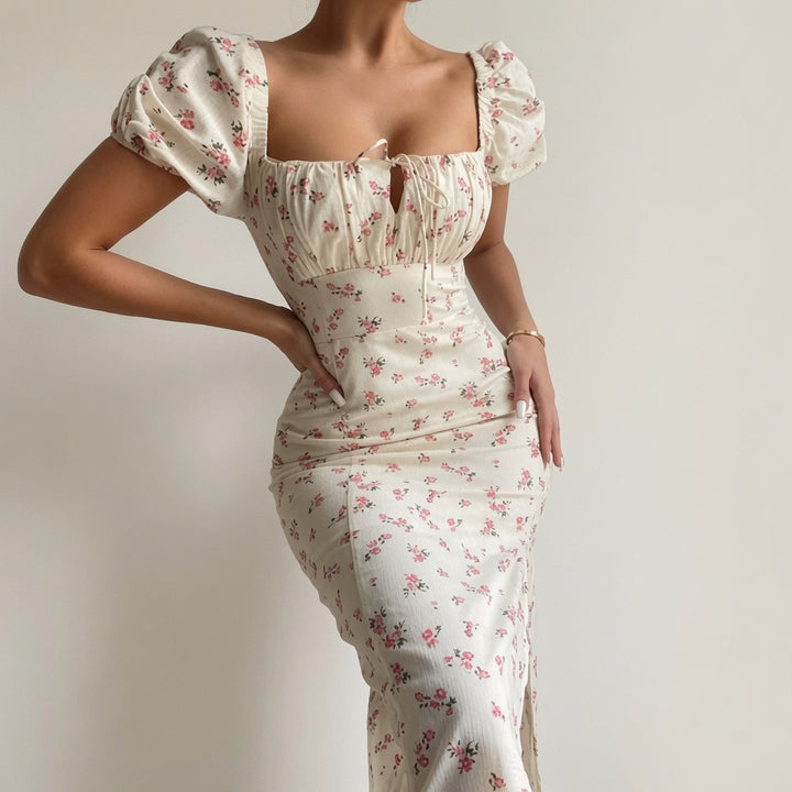 Romantic Floral Puff-Sleeve Midi Dress
