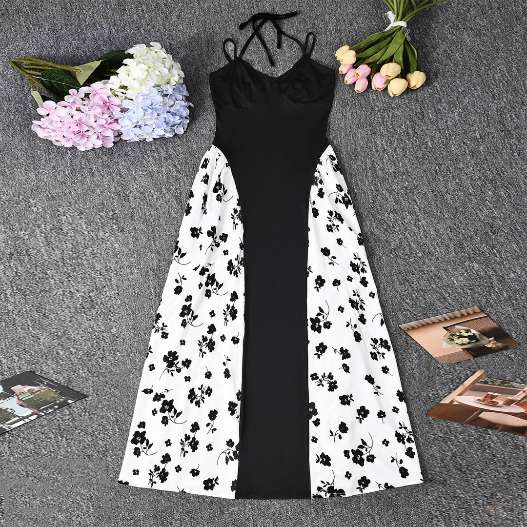 Women’s Sweetheart Contrast Floral-Panel Maxi Dress