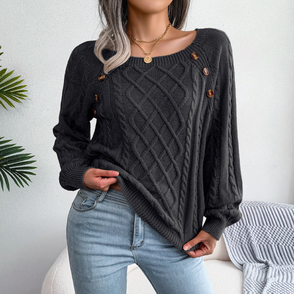 VISSONG Women’s Button-Trim Diamond Cable Knit Sweater