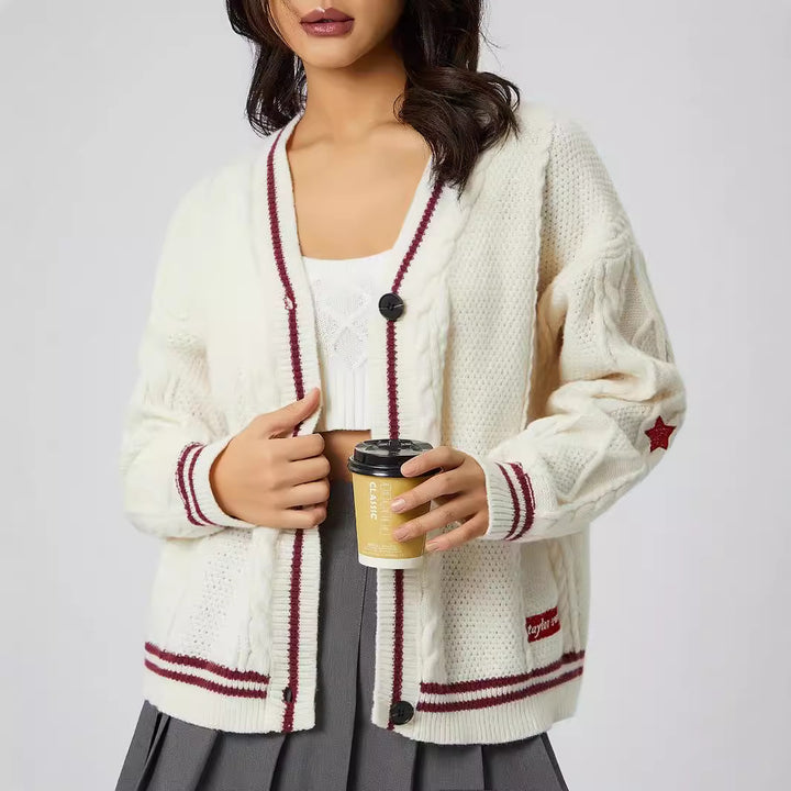 Star-Accent Cable Knit Varsity Cardigan