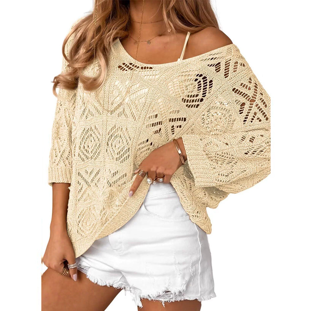 VISSONG Women’s Geometric Pointelle Wide-Neck Knit Top