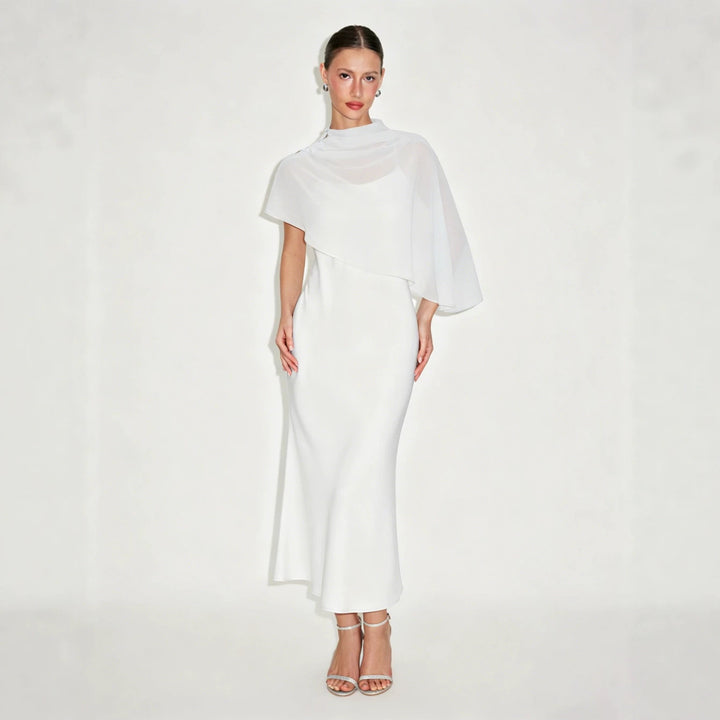 Elegant Sheer Cape Satin Midi Dress