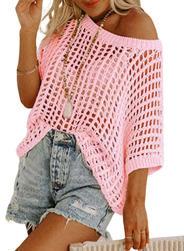 VISSONG Women’s Wide-Neck Openwork Batwing Knit Top