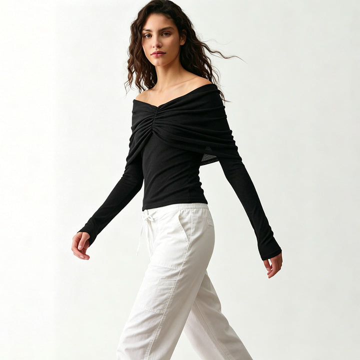 VISSONG Ruched Off-Shoulder Mesh Overlay Top