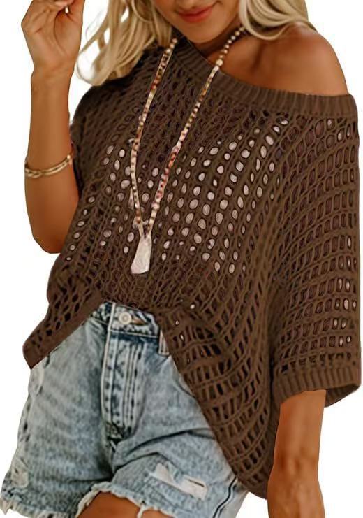 VISSONG Women’s Wide-Neck Openwork Batwing Knit Top