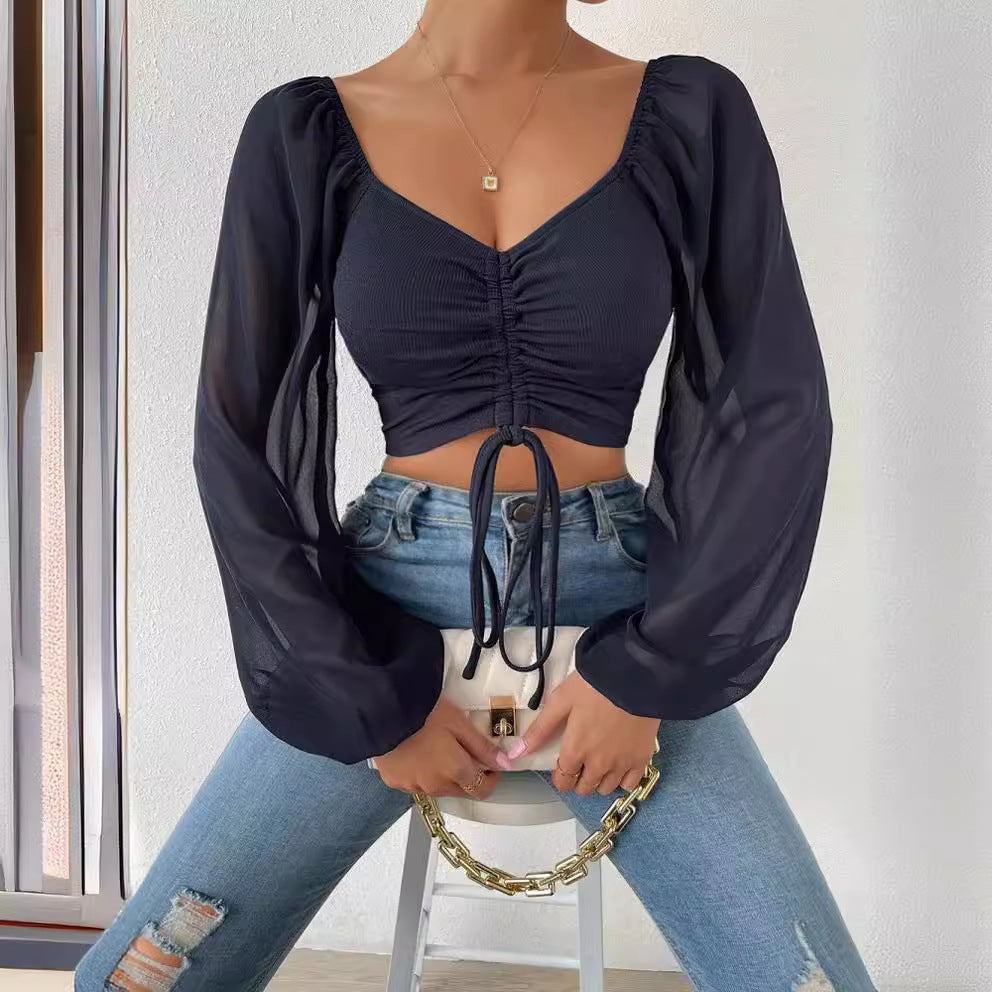 Soft Sheer Puff Sleeve Ruched Crop Top