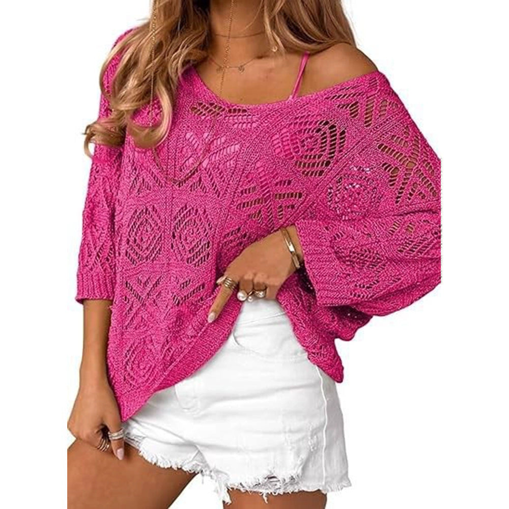 VISSONG Women’s Geometric Pointelle Wide-Neck Knit Top