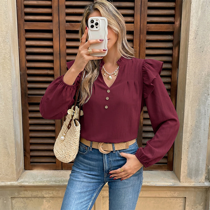 Ruffle-Shoulder Buttoned Long-Sleeve Blouse