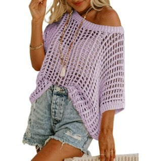 VISSONG Women’s Wide-Neck Openwork Batwing Knit Top