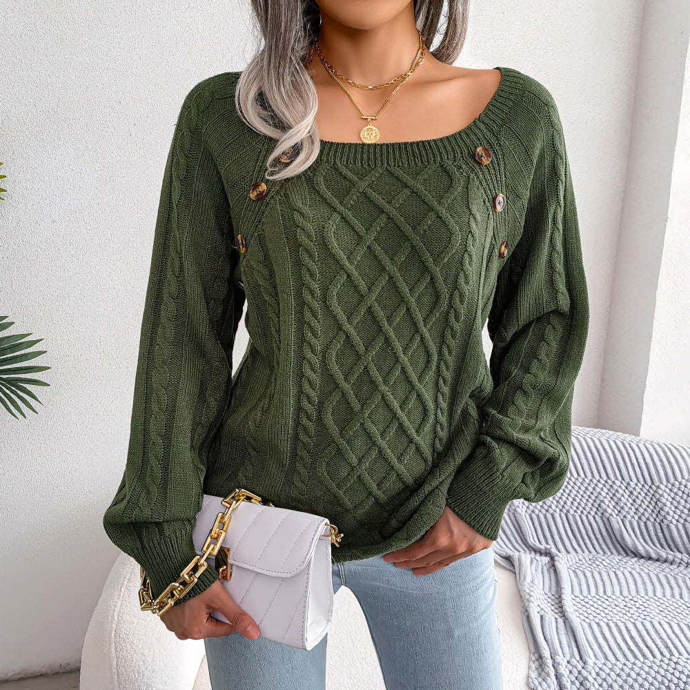 VISSONG Women’s Button-Trim Diamond Cable Knit Sweater