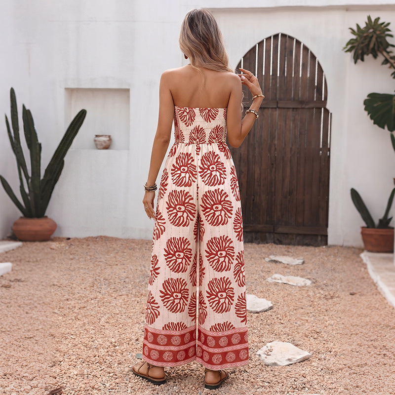 Strapless Tie-Front Floral Wide-Leg Jumpsuit