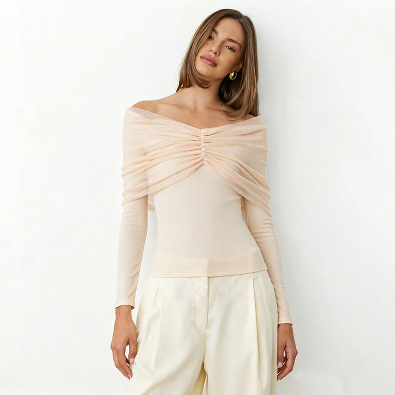 VISSONG Ruched Off-Shoulder Mesh Overlay Top