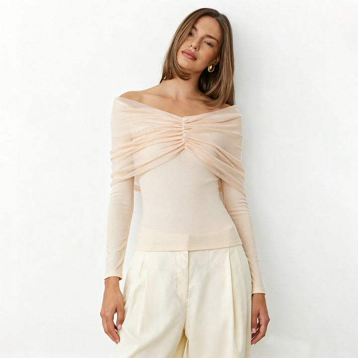 VISSONG Ruched Off-Shoulder Mesh Overlay Top