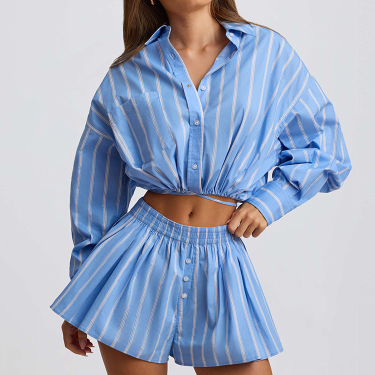 Striped Cropped Shirt &amp; Shorts Set