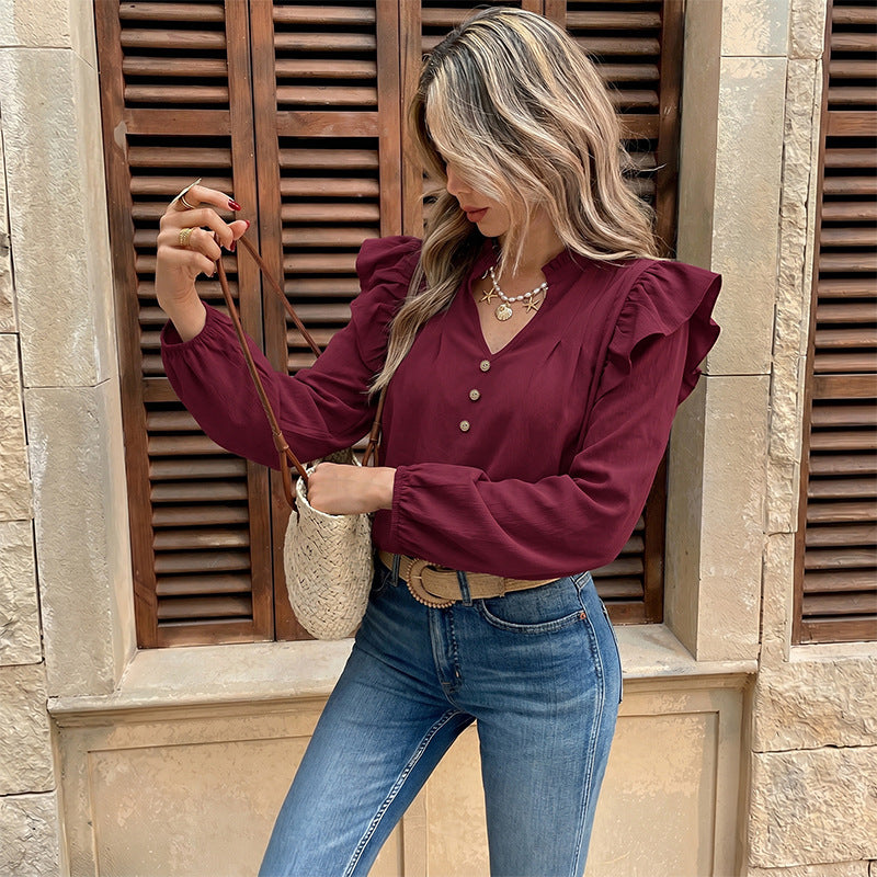 Ruffle-Shoulder Buttoned Long-Sleeve Blouse