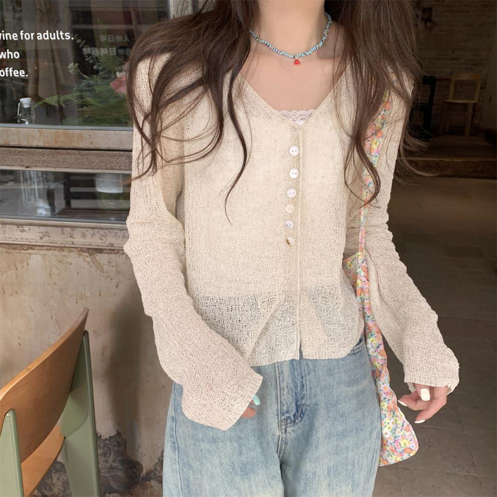 VISSONG Women’s Airy Open-Knit V-Neck Button Cardigan